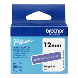 Brother BTAG-F35 Cinta Etiquetadora 12 mm x 4 m, Blanco sobre Morado, Compatible con PT-N10, PT-N20, PT-N25BT