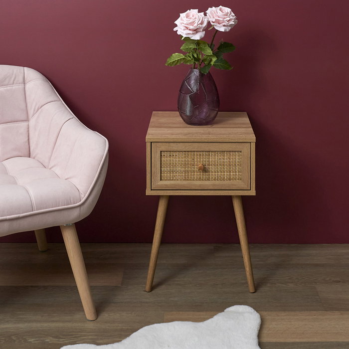 Home Deco Factory Mesita de Noche con Cajón Bali Colección Natural Madera y Ratán 39x39x55.4 cm