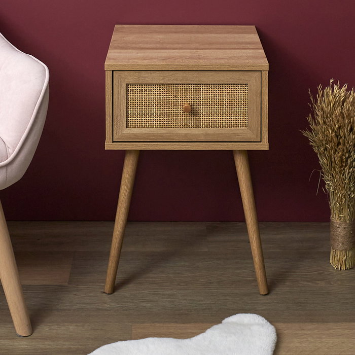 Home Deco Factory Mesita de Noche con Cajón Bali Colección Natural Madera y Ratán 39x39x55.4 cm