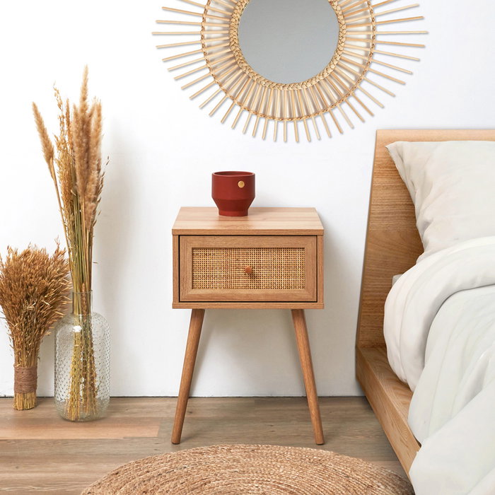Home Deco Factory Mesita de Noche con Cajón Bali Colección Natural Madera y Ratán 39x39x55.4 cm