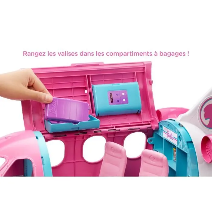 Barbie - El plano de los sueños, Avión Convertible de Juguete con 18 Accesorios, Para 3 Muñecas, Almacenamiento