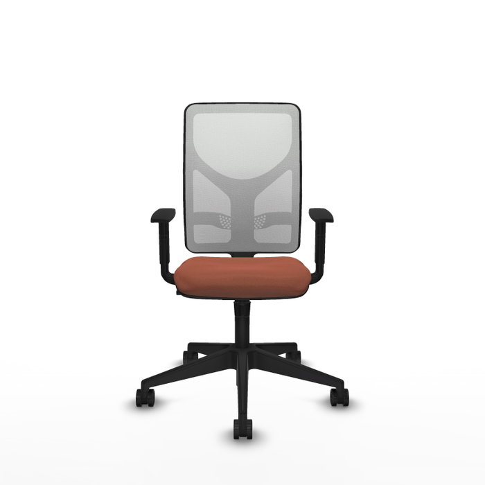 Silla de oficina Motilla con mecanismo Sincro tapizada con Tela color Marrón y malla color Blanco. Equipada con lumbar 1D, Brazos 1D y Ruedas 65mm nailon