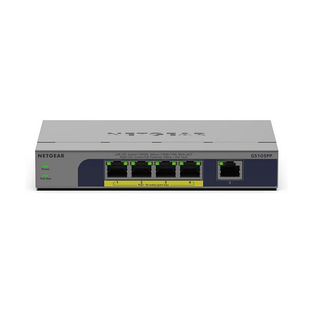 NETGEAR GS105PP Switch Gigabit no administrado 5 Puertos (4 PoE+ 30W) con Presupuesto PoE 83W para Montaje en Pared/Escritorio