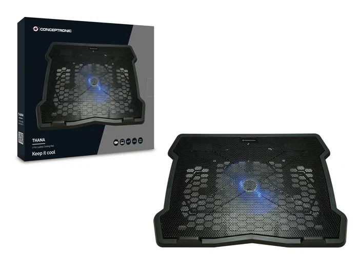 Conceptronic THANA05B Cooling Pad para Portátil 15.6", 1 Ventilador USB 12.5 cm con Iluminación LED Azul, Color Negro