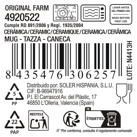 Inde Taza Jumbo 450Cc ø10.4x10.7 cm Original Farm Md (18 Unidades)