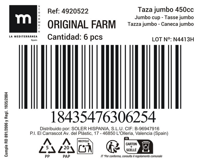 Inde Taza Jumbo 450Cc ø10.4x10.7 cm Original Farm Md (18 Unidades)