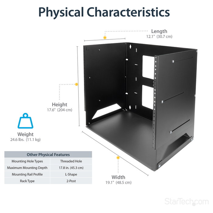 StarTech.com Rack de Pared Abierto 8U 2 Columnas con Estante Integrado Profundidad Ajustable 30,5-45,7 cm Negro StarTech.com Rack de Pared Abierto 8U 2 Columnas con Estante Integrado Profundidad Ajustable 30,5-45,7 cm Negro