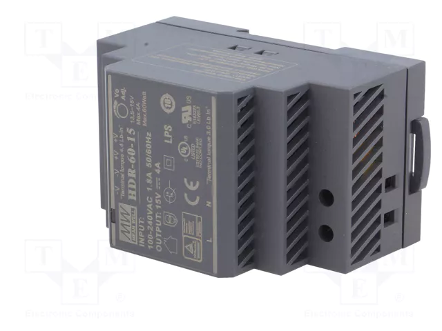 MEAN WELL HDR-60-15 Alimentador de impulso 60W 15VDC 4A MEAN WELL HDR-60-15 Alimentador de impulso 60W 15VDC 4A
