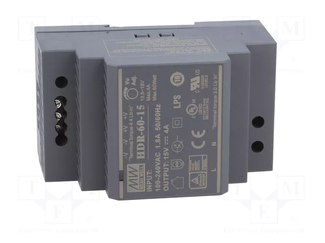 MEAN WELL HDR-60-15 Alimentador de impulso 60W 15VDC 4A MEAN WELL HDR-60-15 Alimentador de impulso 60W 15VDC 4A