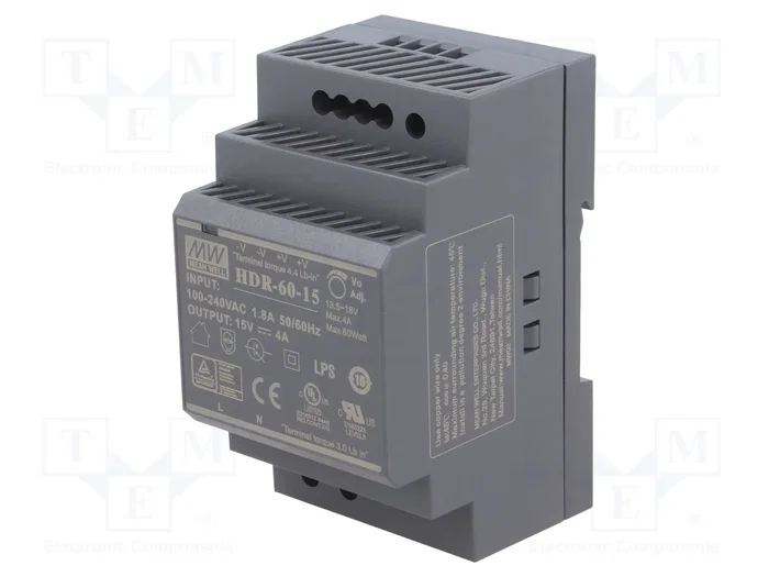 MEAN WELL HDR-60-15 Alimentador de impulso 60W 15VDC 4A MEAN WELL HDR-60-15 Alimentador de impulso 60W 15VDC 4A