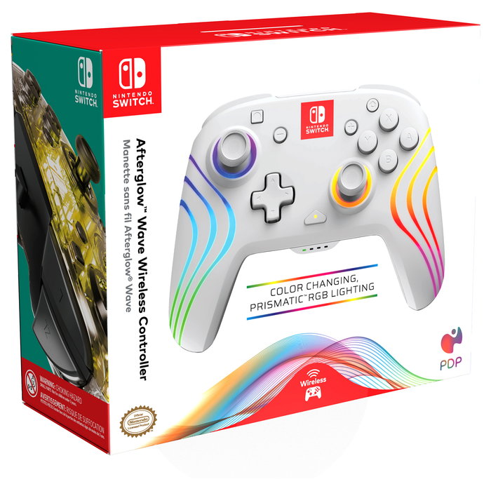 PDP Controller Afterglow Wave Inalámbrico para Nintendo Switch/Nintendo Switch OLED - Joystick Analógico, Retroiluminación LED Multicolor, 40h Batería, Blanco