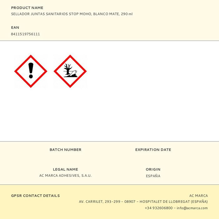Ceys Sellador Juntas Sanitarios Stop Moho Blanco Mate 290 ml