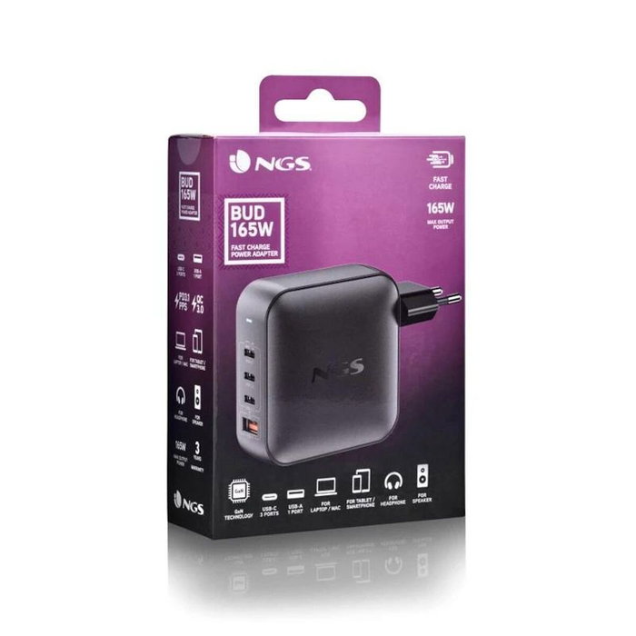 NGS Cargador de Pared GaN 165W con 3 USB-C y 1 USB-A Negro