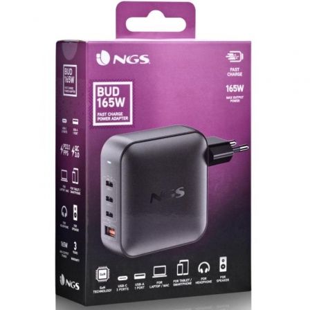 NGS BUD165W Cargador GaN 165W, 4 Puertos (3 USB-C PD3.1/PPS + 1 USB-A QC3.0), Carga Rápida para Portátil, Smartphone y Tablet, 140W Máx en USB-C1, Automático 100-240V