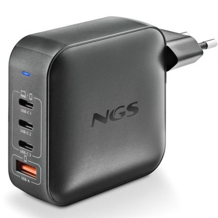 NGS BUD165W Cargador GaN 165W, 4 Puertos (3 USB-C PD3.1/PPS + 1 USB-A QC3.0), Carga Rápida para Portátil, Smartphone y Tablet, 140W Máx en USB-C1, Automático 100-240V