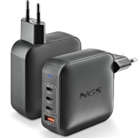 NGS BUD165W Cargador GaN 165W, 4 Puertos (3 USB-C PD3.1/PPS + 1 USB-A QC3.0), Carga Rápida para Portátil, Smartphone y Tablet, 140W Máx en USB-C1, Automático 100-240V