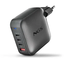 Ngs BUD 165W Cargador de Pared GaN 4 Puertos (3 USB-C + 1 USB-A) con Carga Rápida PD3.1 PPS 140W, Negro, Universal, Tipo F, para Portátil, Smartphone, Tablet