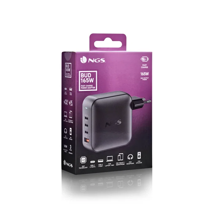 NGS Cargador de Pared GaN 165W con 3 USB-C y 1 USB-A Negro