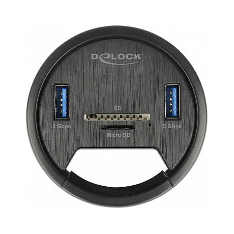 DeLOCK Hub de 2 Puertos USB 3.0 SuperSpeed Tipo-A con Lector de Tarjetas SD/Micro SD, Negro