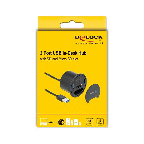 DeLOCK Hub de 2 Puertos USB 3.0 SuperSpeed Tipo-A con Lector de Tarjetas SD/Micro SD, Negro