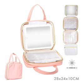 Balette Maletín Desplegable para Cosméticos con Espejo LED Recargable USB-C, Colgador y Organizadores, Rosa, 27 x 8.5 x 22 cm