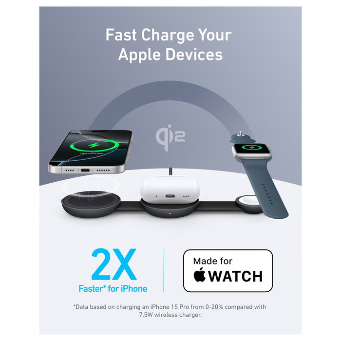 Anker B25M8H11 Estación de Carga Inalámbrica MagGo 3 en 1 Plegable Negro para iPhone Apple Watch AirPods Carga Rápida 15W