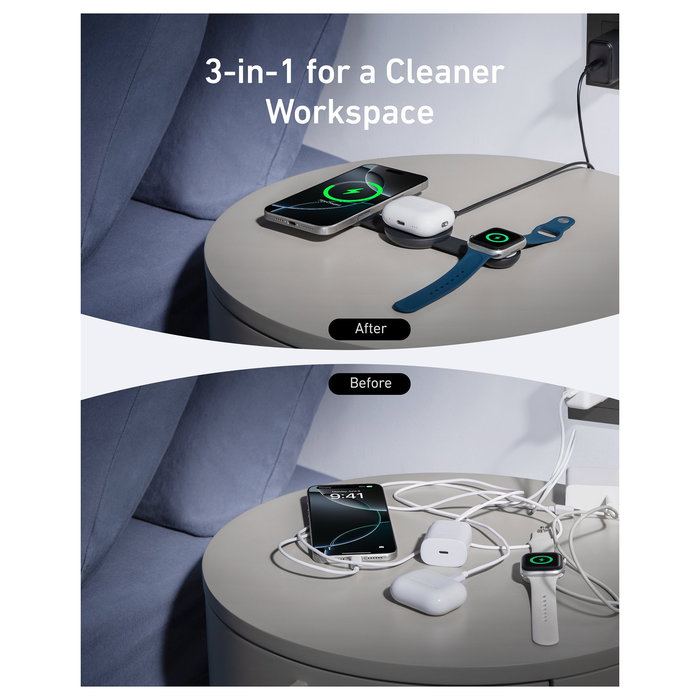 Anker B25M8H11 Estación de Carga Inalámbrica MagGo 3 en 1 Plegable Negro para iPhone Apple Watch AirPods Carga Rápida 15W