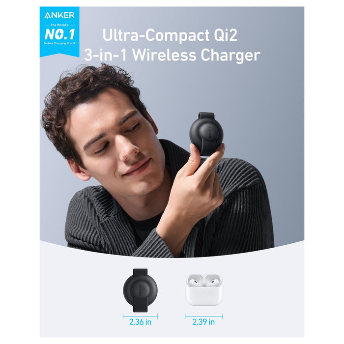 Anker B25M8H11 Estación de Carga Inalámbrica MagGo 3 en 1 Plegable Negro para iPhone Apple Watch AirPods Carga Rápida 15W