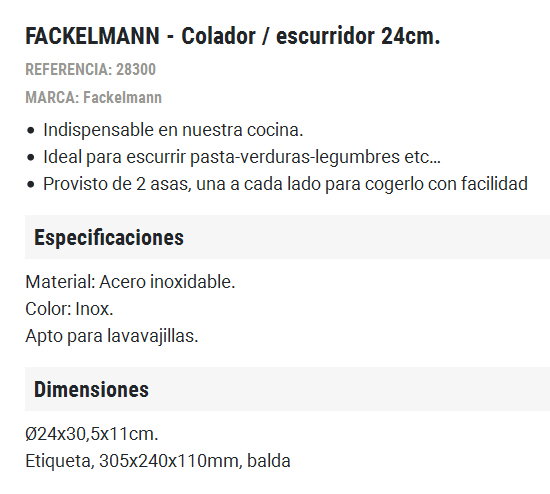Fackelmann Colador/Escurridor de acero inoxidable 24 cm