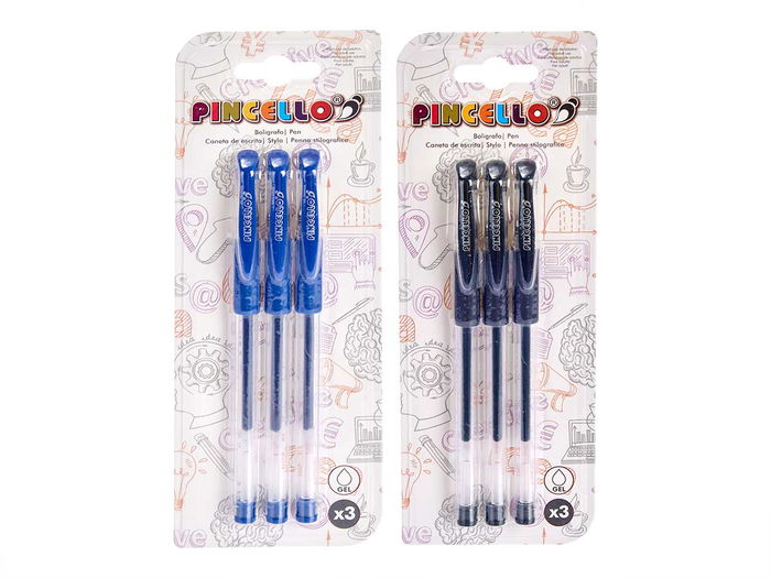 PINCELLO Set 3 Bolígrafos Punta Gel Surtidos, Plástico, Azul y Negro, Dimensiones 8x21x1.5 cm (Set de 24)