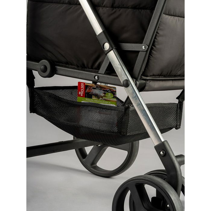 Rolser Basket MF 4B - Carro de la Compra Negro, Asa 10 Posiciones Ajustable, Bolsa Desmontable 58L con Múltiples Bolsillos, 4 Ruedas (2 Giratorias 360º), Carga Máx. 50 kg