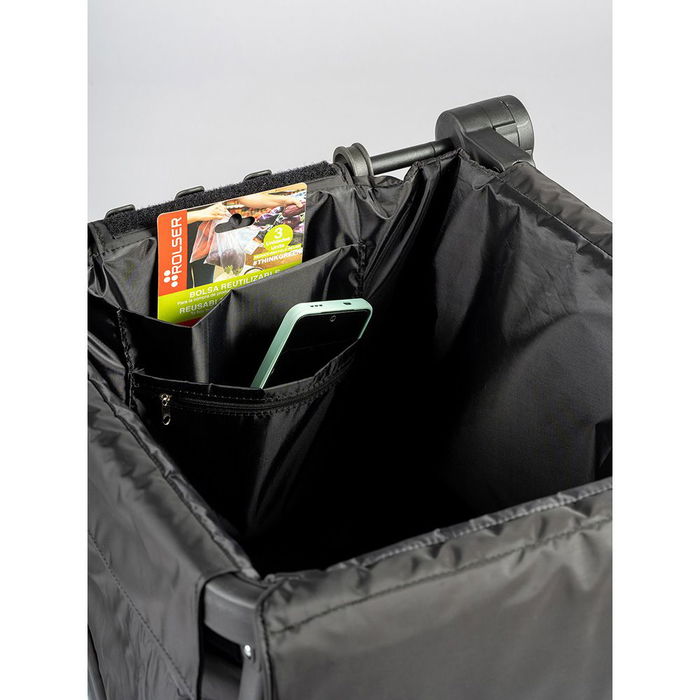 Rolser Basket MF 4B - Carro de la Compra Negro, Asa 10 Posiciones Ajustable, Bolsa Desmontable 58L con Múltiples Bolsillos, 4 Ruedas (2 Giratorias 360º), Carga Máx. 50 kg