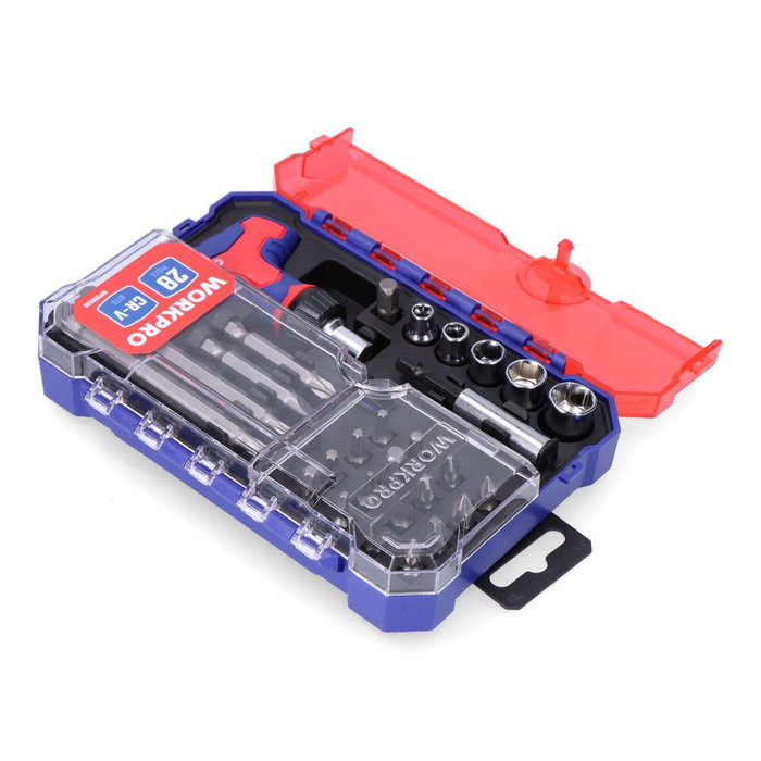 Workpro Juego de 28 Piezas Puntas y Vasos con Mango Carraca T - Incluye Mini Mango, Portapuntas Magnético 1/4", Adaptador y Puntas Phillips, Pozidriv, Torx, Allen y Planas Workpro Juego de 28 Piezas Puntas y Vasos con Mango Carraca T - Incluye Mini Mango, Portapuntas Magnético 1/4", Adaptador y Puntas Phillips, Pozidriv, Torx, Allen y Planas