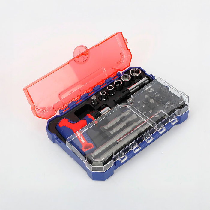 Workpro Juego de 28 Piezas Puntas y Vasos con Mango Carraca T - Incluye Mini Mango, Portapuntas Magnético 1/4", Adaptador y Puntas Phillips, Pozidriv, Torx, Allen y Planas Workpro Juego de 28 Piezas Puntas y Vasos con Mango Carraca T - Incluye Mini Mango, Portapuntas Magnético 1/4", Adaptador y Puntas Phillips, Pozidriv, Torx, Allen y Planas