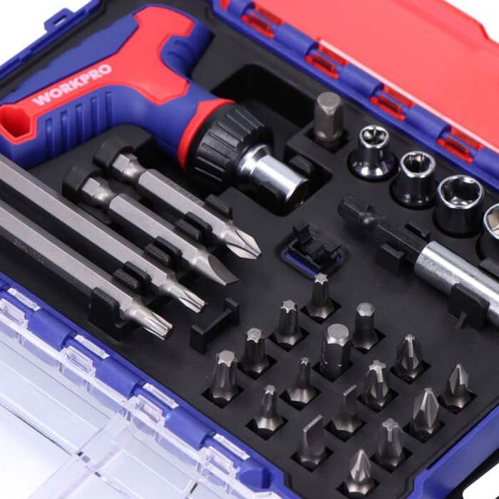 Workpro Juego de 28 Piezas Puntas y Vasos con Mango Carraca T - Incluye Mini Mango, Portapuntas Magnético 1/4", Adaptador y Puntas Phillips, Pozidriv, Torx, Allen y Planas Workpro Juego de 28 Piezas Puntas y Vasos con Mango Carraca T - Incluye Mini Mango, Portapuntas Magnético 1/4", Adaptador y Puntas Phillips, Pozidriv, Torx, Allen y Planas