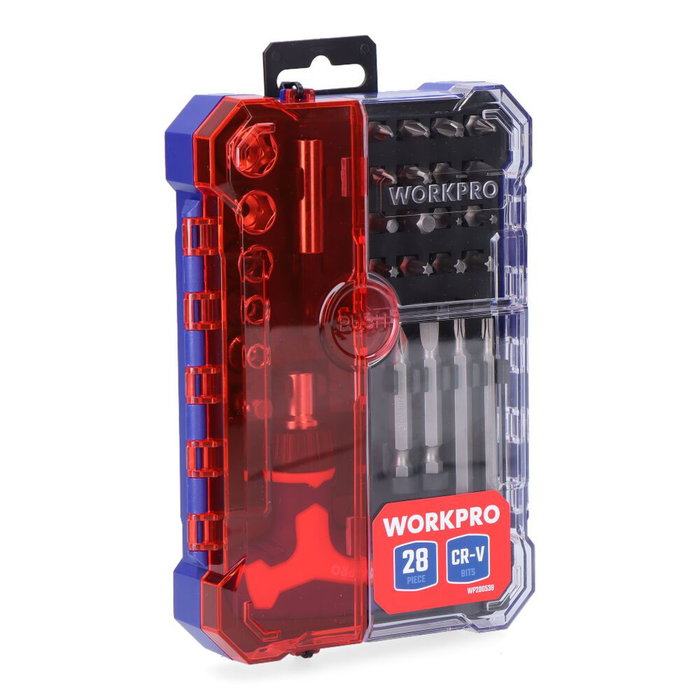 Workpro Juego de 28 Piezas Puntas y Vasos con Mango Carraca T - Incluye Mini Mango, Portapuntas Magnético 1/4", Adaptador y Puntas Phillips, Pozidriv, Torx, Allen y Planas Workpro Juego de 28 Piezas Puntas y Vasos con Mango Carraca T - Incluye Mini Mango, Portapuntas Magnético 1/4", Adaptador y Puntas Phillips, Pozidriv, Torx, Allen y Planas