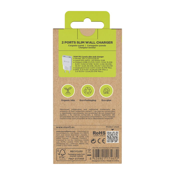 muvit for change cargador de pared Slim 2 Tipo C PD 30W blanco