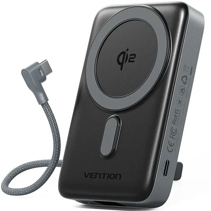 Vention FKH - Power Bank Magnético Inalámbrico 10000 mAh 35W con Cable USB-C integrado, carga rápida PD/PPS, certificado Qi2, color gris