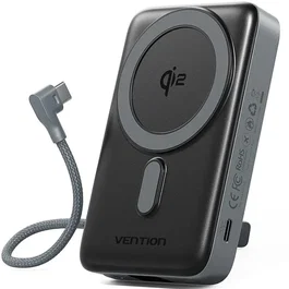 Vention FKH - Power Bank Magnético Inalámbrico 10000 mAh 35W con Cable USB-C integrado, carga rápida PD/PPS, certificado Qi2, color gris