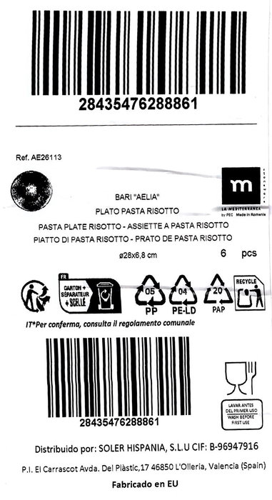 La Mediterranea Plato Pasta Risotto Colección Aelia Ø 28 cm (6 Unidades) La Mediterranea Plato Pasta Risotto Colección Aelia Ø 28 cm (6 Unidades)