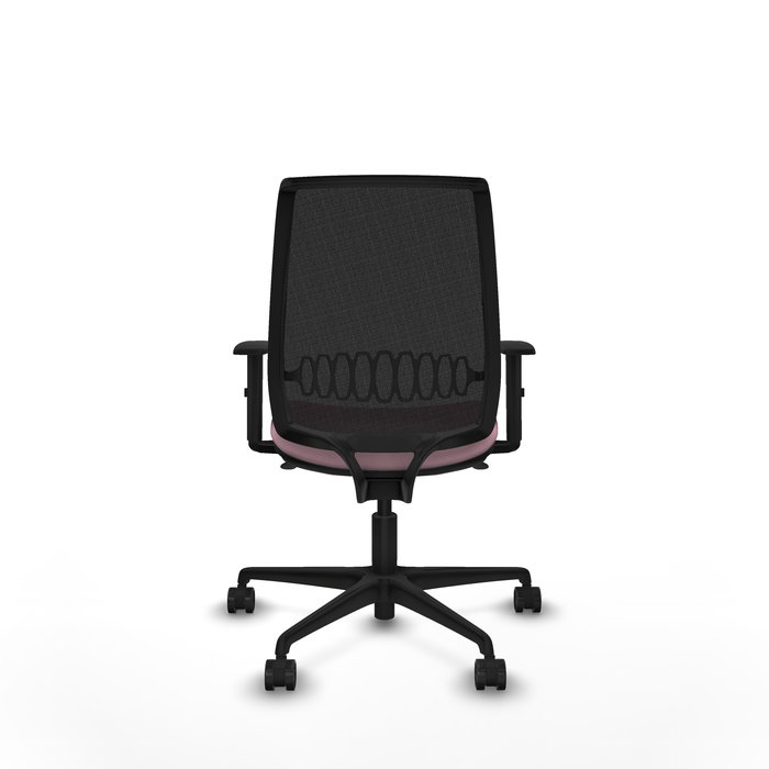 Silla de oficina Alares con mecanismo Sincro tapizada con Tela color Rosa y malla color Negro. Equipada con lumbar 1D, Brazos 1D y Ruedas 65mm nailon