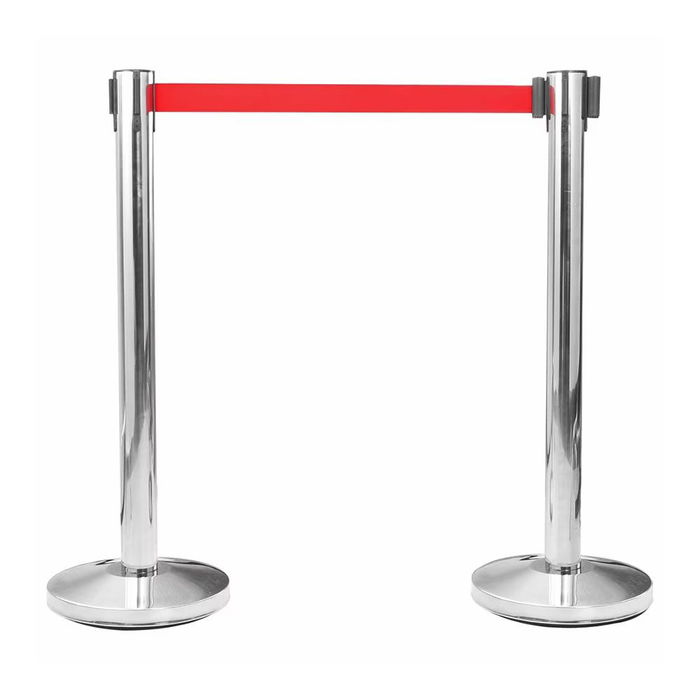 Normaluz Poste Separador Inox con Cinta Roja Extensible 2 m x 5 cm Acero Inoxidable Medidas 91 cm x Ø5,1 cm Base Ø32 cm