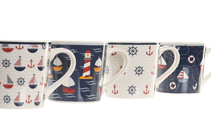 DKD Home Decor Mug Atlantico Porcelana New Bone Azul Marino Rojo Veleros 400ml 10 x 9 x 13.5 cm (12 Unidades)
