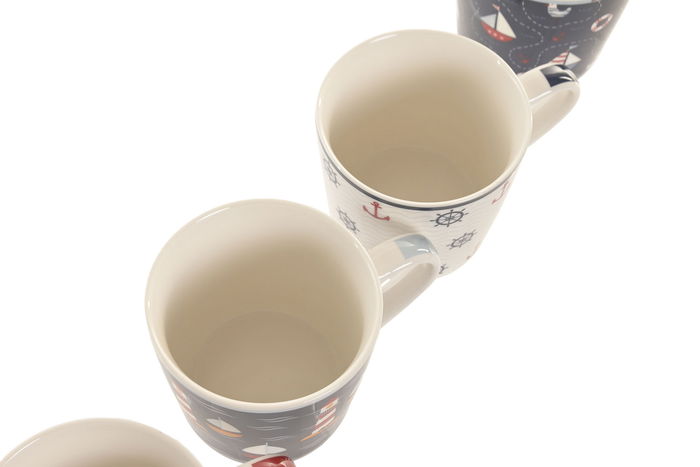 DKD Home Decor Mug Atlantico Porcelana New Bone Azul Marino Rojo Veleros 400ml 10 x 9 x 13.5 cm (12 Unidades)