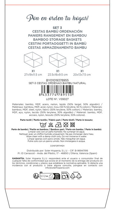 Confortime Set 3 Cestas Ordenación Bambú Natural 27 x 19 x 11.5 cm y 23 cm (8 Unidades)