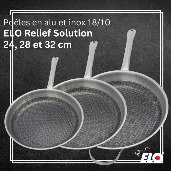 Elo Juego 3 Sartenes Inducción Relief Solutions Acero Inoxidable 18/10 ELODUR Select Antiadherente Ø 24-28-32 cm AAARP57200
