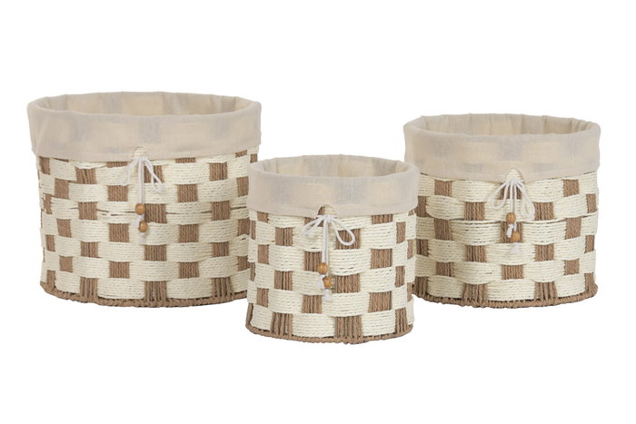 DKD Home Decor Set de 3 Cestas de Fibra y Algodón Beige 37x37x30 cm