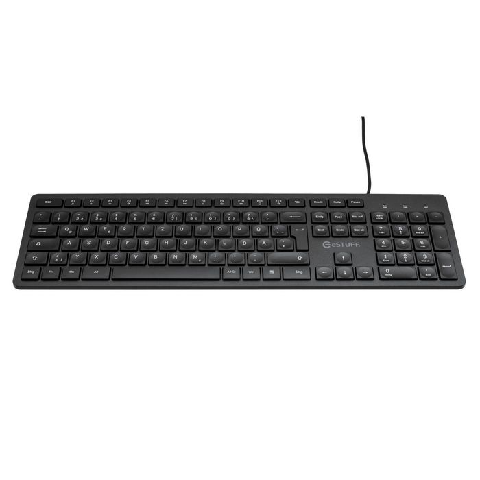 eSTUFF Teclado USB G220 con Cable, Tamaño Completo, Alemán, Teclas de Perfil Bajo Silenciosas para Escritorio Delgado