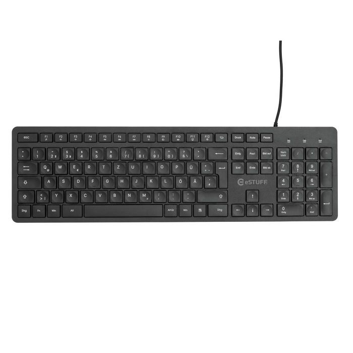 eSTUFF Teclado USB G220 con Cable, Tamaño Completo, Alemán, Teclas de Perfil Bajo Silenciosas para Escritorio Delgado