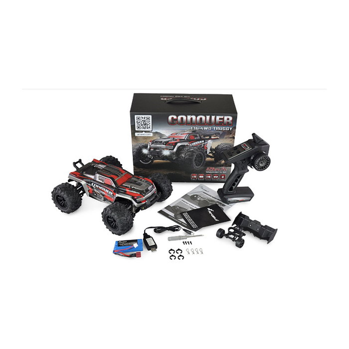 AMEWI RC Auto Conquer Race Truggy 1:14 Escala 1:16 con Motor Eléctrico y Batería Li-Ion 1300mAh 7.4V - 40 km/h, 4x4, Listo para Usar, Color Rojo